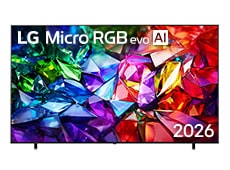 The front view of LG Micro RGB evo AI MRGB95, released in 2026, features a slim black bezel on low-profile feet, with a vivid, crystalline image of sharply defined red, green, and blue facets filling the screen.